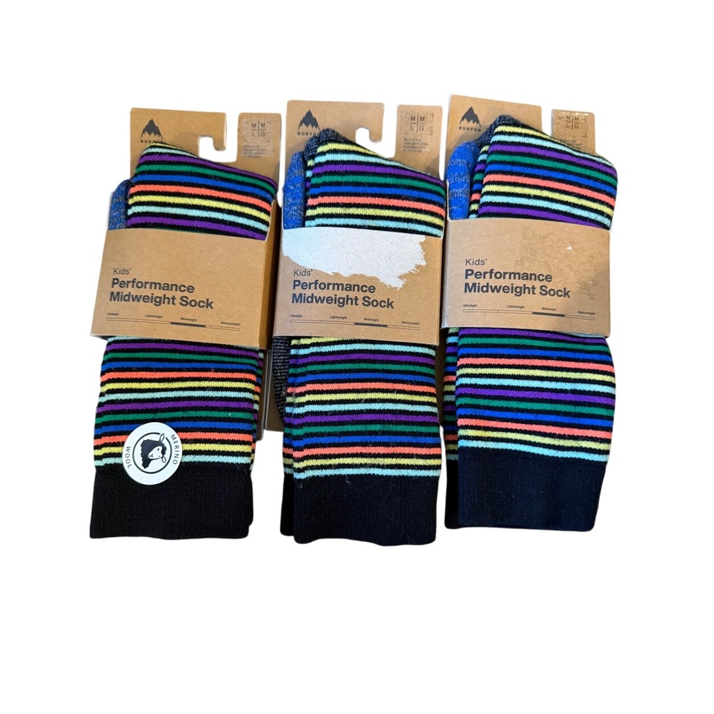 Burton Kids Performance Midweight Socks 3 Pack Mini Stripe Merino Wool M/L NEW
